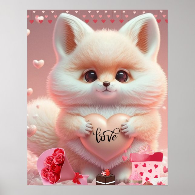 Affiche Jolie valentine renard orange tenant coeur Amour A (Devant)