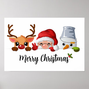 Affiche Jolie visite de Noël Père Noël, Reindeer & Snowman