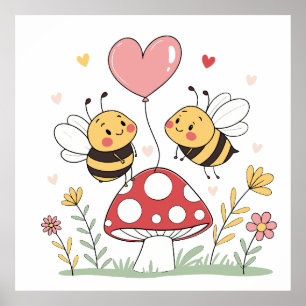 Affiche Jolies abeilles de dessin animé avec ballon en for