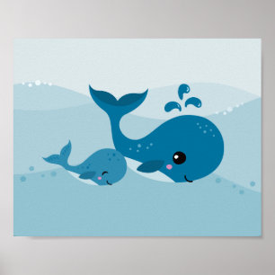 Affiche Jolies baleines kawaii nageant dans des vagues ble