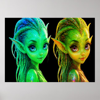 Affiche Jolies filles extraterrestres jumelles sur un mur