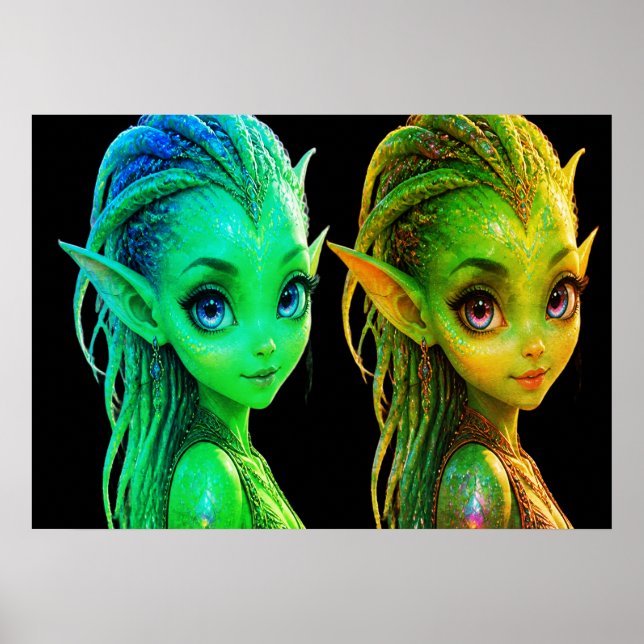 Affiche Jolies filles extraterrestres jumelles sur un mur (Devant)