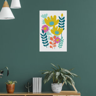 Affiche Jolies fleurs colorées mur vert jaune