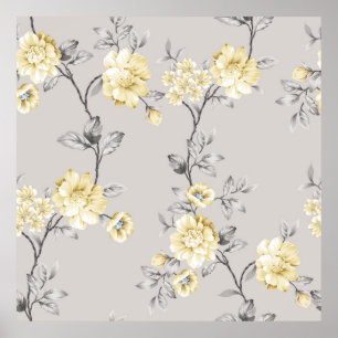 Affiche jolies fleurs jaunes avec motif feuille gris sur g