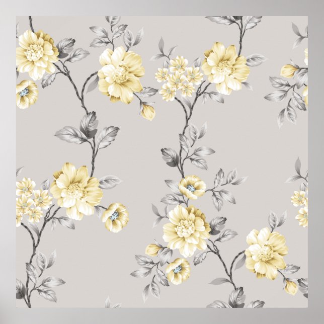 Affiche jolies fleurs jaunes avec motif feuille gris sur g (Devant)