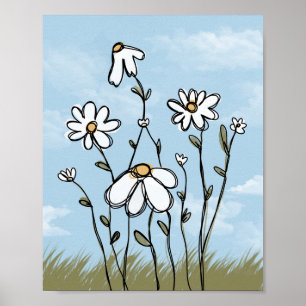 Affiche Jolies marguerites blanches dessinées à la main, a
