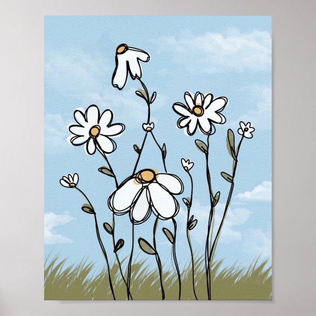 Affiche Jolies marguerites blanches dessinées à la main, a (Devant)