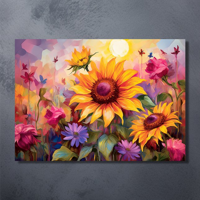 Affiche Jolies tournesols en champ de fleurs colorées (Pretty Sunflowers in Field of Colorful Flowers Poster)