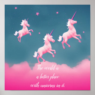 Affiche Jolies Unicornes Volant Pink Citation Script Poste