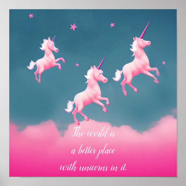 Affiche Jolies Unicornes Volant Pink Citation Script Poste (Devant)
