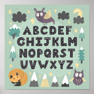 Affiche Jolis Animaux Fantaisistes de la Forêt ABC Alphabe
