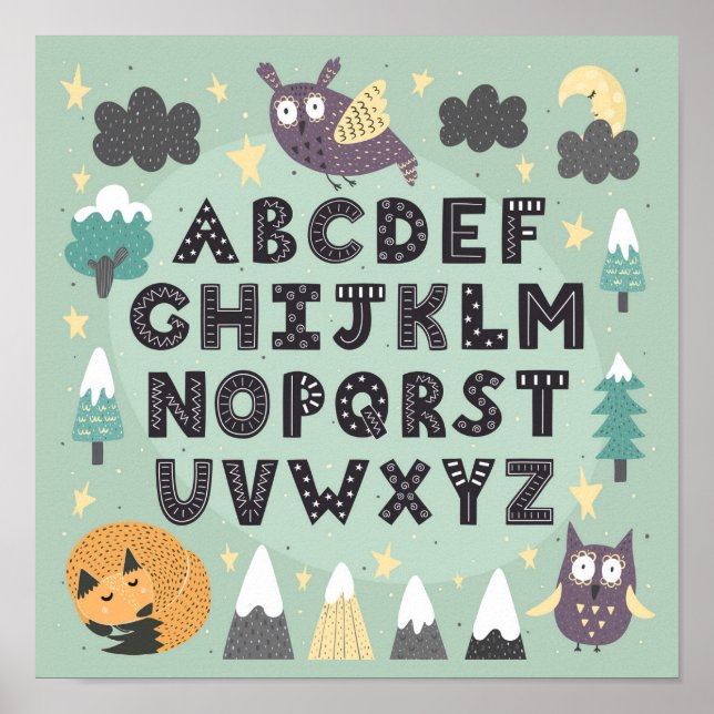 Affiche Jolis Animaux Fantaisistes de la Forêt ABC Alphabe (Devant)