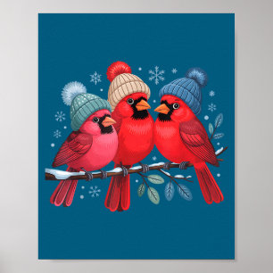 Affiche Jolis Cardinals Rouges Avec Chapeaux Tricotés Oise
