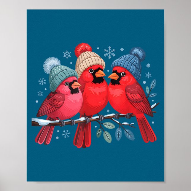 Affiche Jolis Cardinals Rouges Avec Chapeaux Tricotés Oise (Devant)