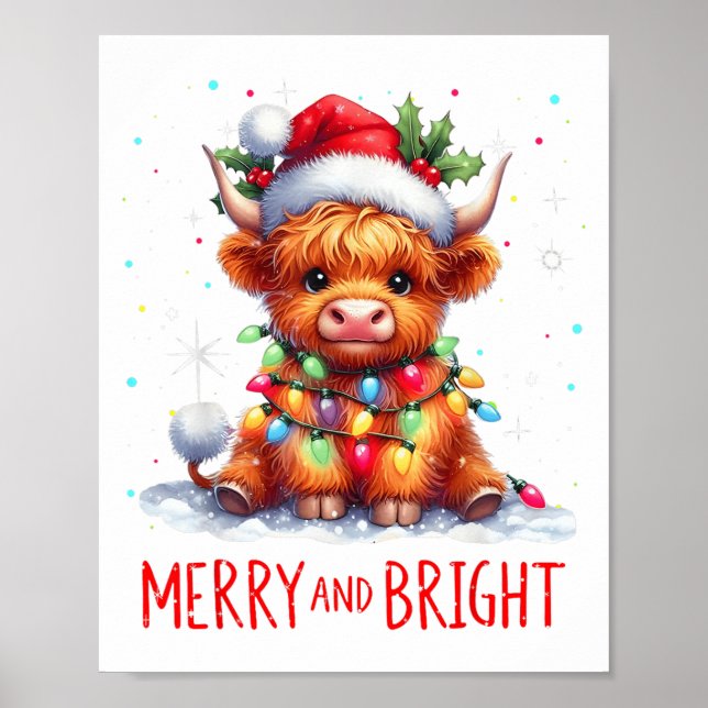Affiche Jolis éclairages de Noël de bébé vache des Highlan (Devant)