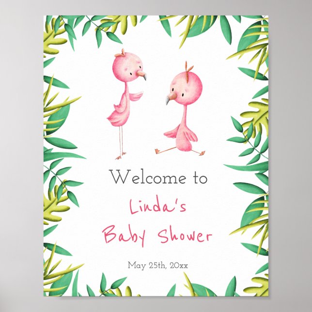 Affiche Jolis Jumeaux Flamants Roses Tropicaux Baby Shower (Devant)