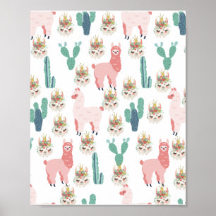 Affiche Jolis Llamas roses et Cactus vert