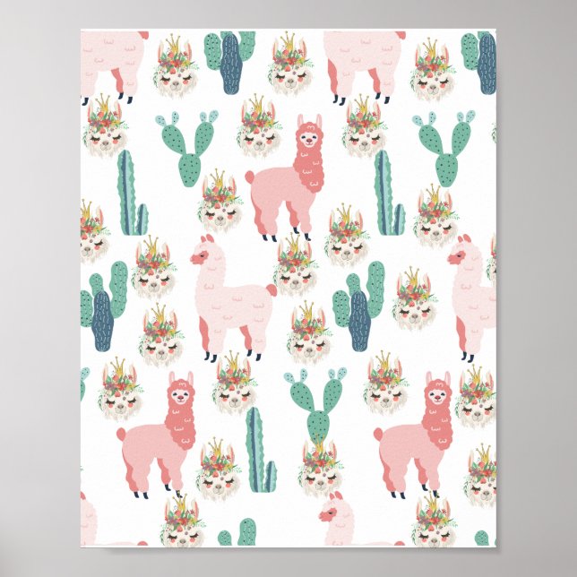 Affiche Jolis Llamas roses et Cactus vert (Devant)