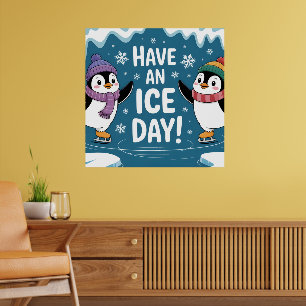 Affiche Jolis Manchots Patinant Dessin Animé, Passez une J