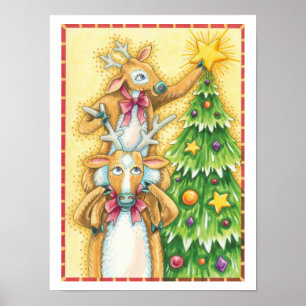 Affiche Jolis rennes de Noël avec une étoile d'arbre de No