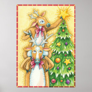 Affiche Jolis rennes de Noël avec une étoile d'arbre de No