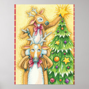 Affiche Jolis rennes de Noël avec une étoile d'arbre de No