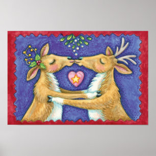 Affiche Jolis rennes de Noël, baiser romantique avec du gu