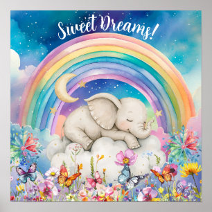 Affiche Jolis rêves doux Floral Arc-en-ciel & Éléphant