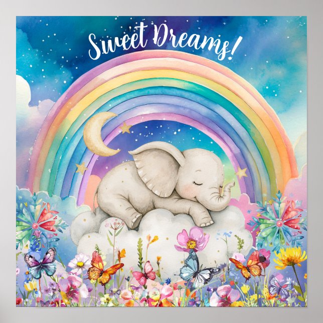 Affiche Jolis rêves doux Floral Arc-en-ciel & Éléphant (Devant)