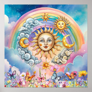 Affiche Jolis rêves fleuris Soleil, Étoiles & Lune