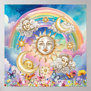 Affiche Jolis rêves fleuris Soleil, Étoiles & Lune