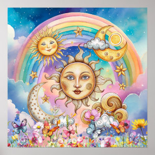 Affiche Jolis rêves fleuris Soleil, Étoiles & Lune