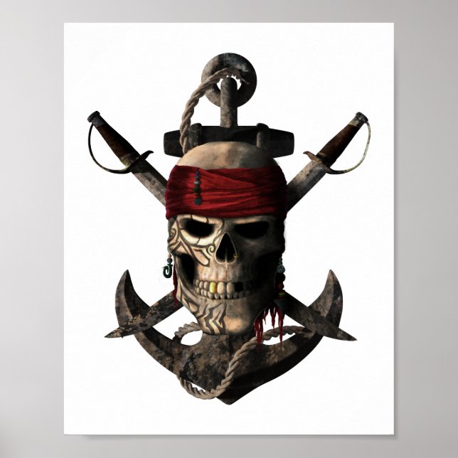 Affiche Jolly roger Pirate crâne et épées Ancre de navigat (Devant)
