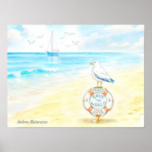Affiche Jon Seagull - Paix & Amour Sauvent le Monde