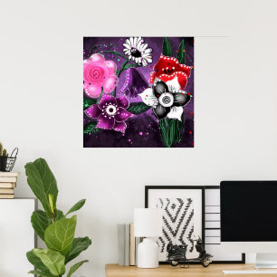 Affiche Jonquille Whimsical Floral Purple Noir Rose Daisy