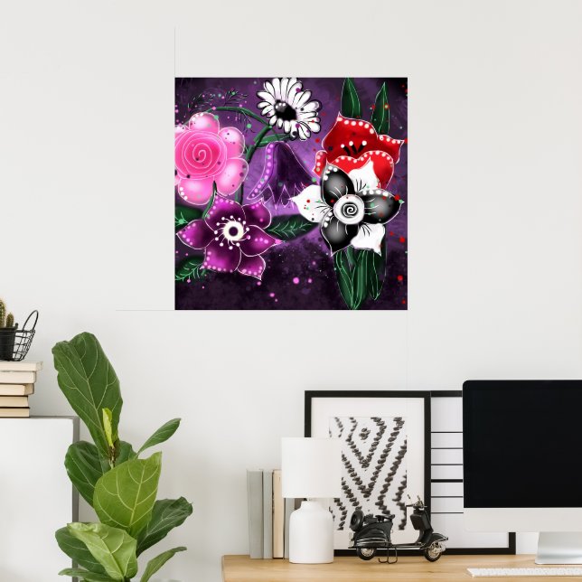 Affiche Jonquille Whimsical Floral Purple Noir Rose Daisy (Bureau à domicile)