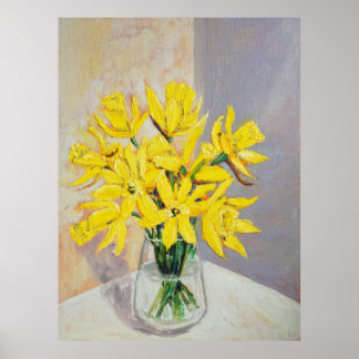 Affiche jonquilles en verre vase aquarelle