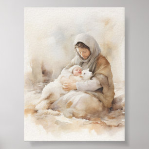 Affiche Joseph Holding Lamb and Baby Jesus Aquarelle Art