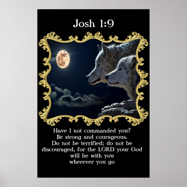 Affiche Josh 1:9 Loups regardant la pleine lune. (Devant)
