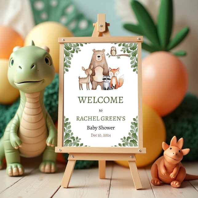 Affiche Jote Forest Bois Animaux Baby shower Bienvenue (Cute Forest Woodland Animals Baby Shower Welcome Poster)