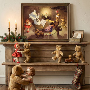 Affiche Jouets de Noël vintage, poupées dansantes, ours en