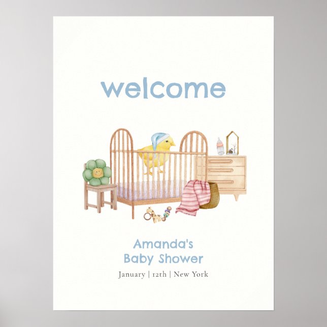 Affiche Jouets de nurserie bleus pour bébé Shower de bienv (Devant)