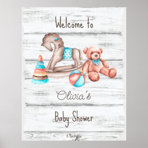 Affiche Jouets vintages rustiques baby shower en bois blan