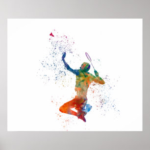 Affiche Joueur de badminton en aquarelle
