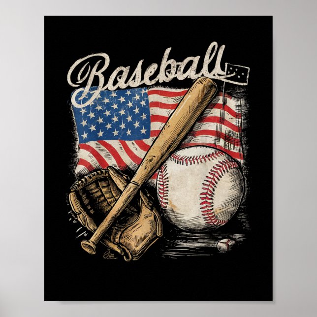 Affiche Joueur de baseball avec drapeau américain Batteur  (Devant)