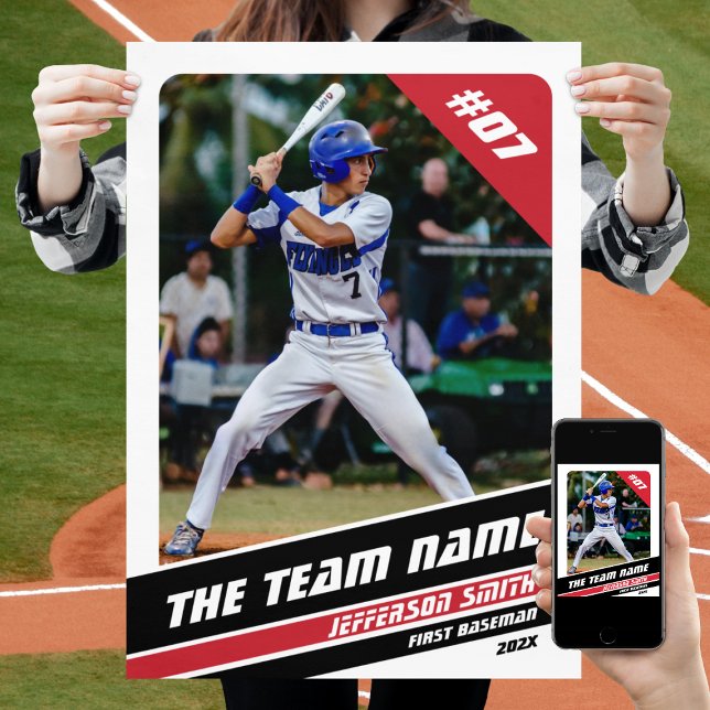 Affiche Joueur de baseball cadeau personnalisable en blanc (Baseball Player Poster in White with Custom Team Name and Black Red Stripes)