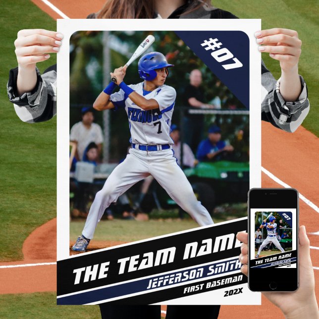 Affiche Joueur de baseball cadeau personnalisable en bleu  (Baseball Player Poster in White with Custom Team Name and Black Blue Stripes)