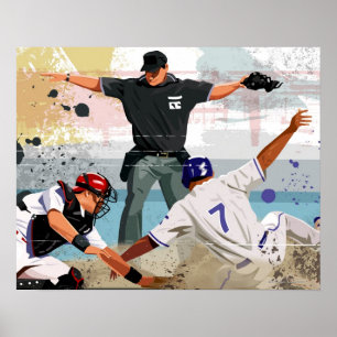 Affiche Joueur de baseball en sécurité dans la plaque do