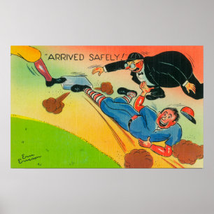 Affiche Joueur de baseball glissant vers la base, Arrivée