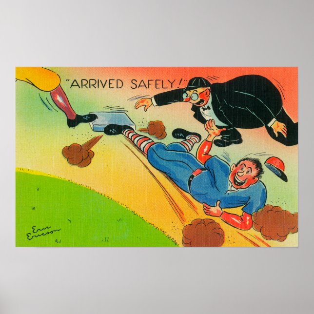 Affiche Joueur de baseball glissant vers la base, Arrivée (Devant)